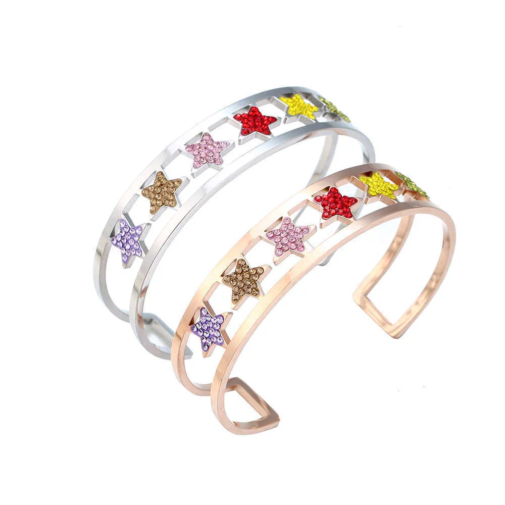 Bracelet de manchette ouvert Pentagra Star en acier inoxydable en or rose pour femmes bracelet en cristal coloré clair 2019 nouveau cadeau de bijoux Q0719
