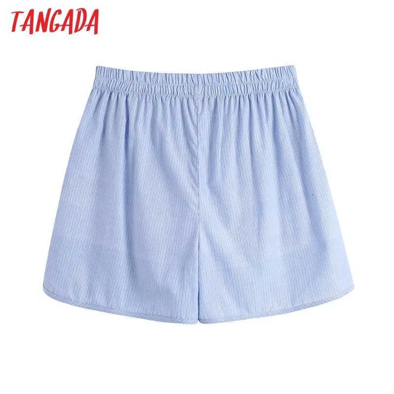Tangada kvinnor fickor randiga shorts mode sommar vintage hög elastisk midja split hem kvinnliga korta byxor mujer be416 210719