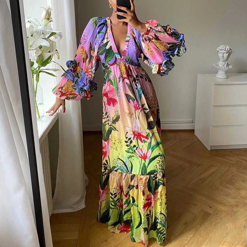 Femmes Longues Maxi Robes Floral Print Vintage Col En V Profond Sandbeach Robe De Vacances Bohème Vestidos Africain Sexy Robe De Soirée 210706