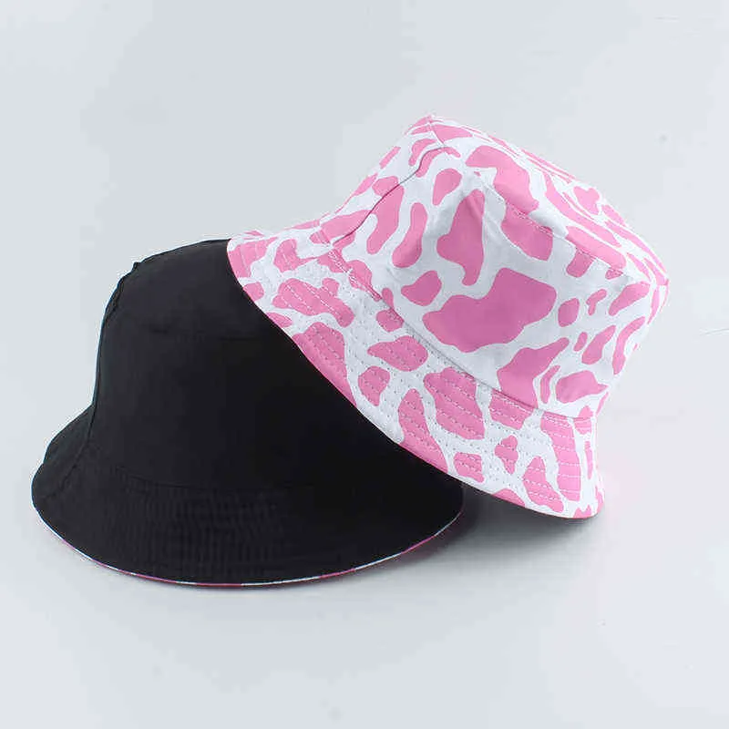 2021 New Fashion Korean Pink Cow Print Bucket Hat Kvinnor Vändbar Fiske Cap Bob Chapeau Höst sommar Y220301