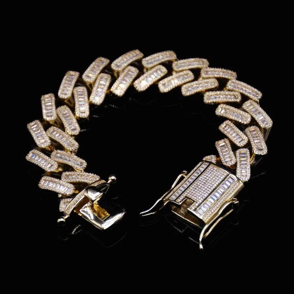 Браслет-цепочка шириной 15 мм 5A со льдом, блестящий багет с кубинскими звеньями для мужчин, ювелирные изделия в стиле хип-хоп золотого цвета 210609207A
