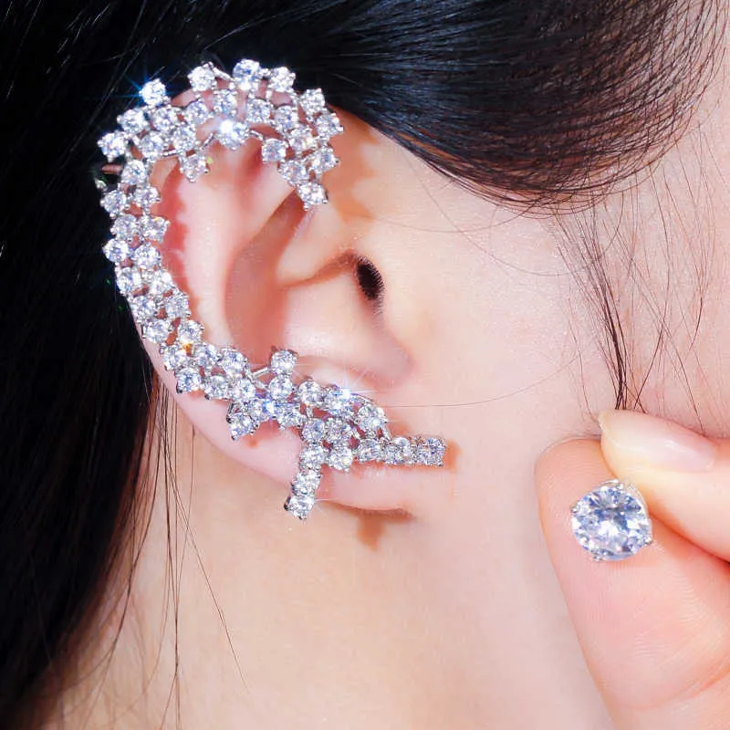 QooLady Asymmetric Sparkly White Luxury Long Cubic Zirconia Crystal Climber Ear Cuff Earrings Brides Star Jewelry E068 2106184697232