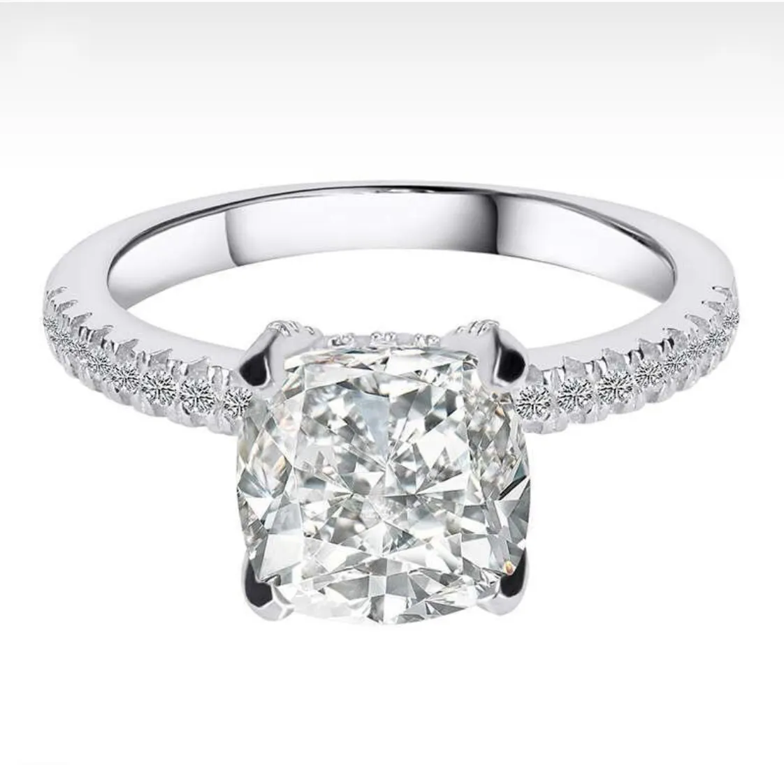 Настоящее твердое кольцо из стерлингового серебра 925 пробы, четыре когтя, 2 карата, бриллианты огранки «подушка», свадебные обручальные кольца для женщин, ювелирные изделия Gift287i