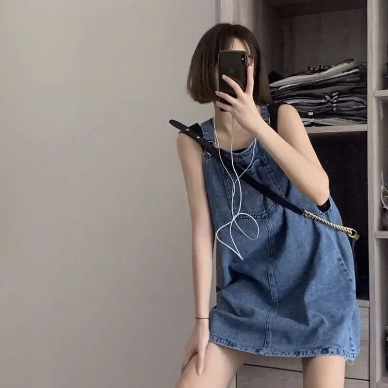 Small size shows high age reduction loose denim strap skirt female student high waist shows thin temperament Jumpsuit short X0428