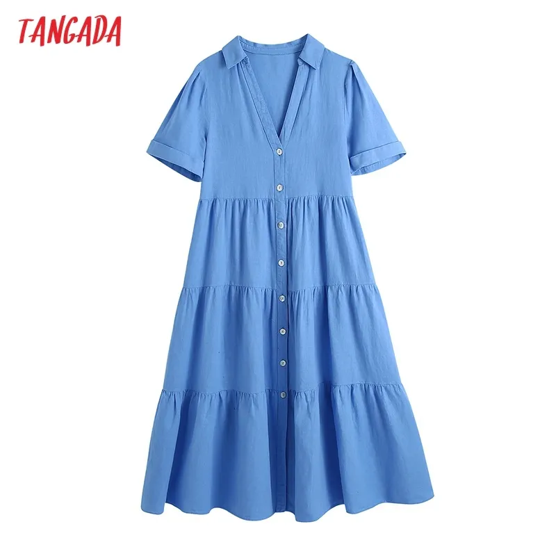 Verano mujer estilo francés camisa azul manga corta señoras Midi vestido Vestidos BE570 210416