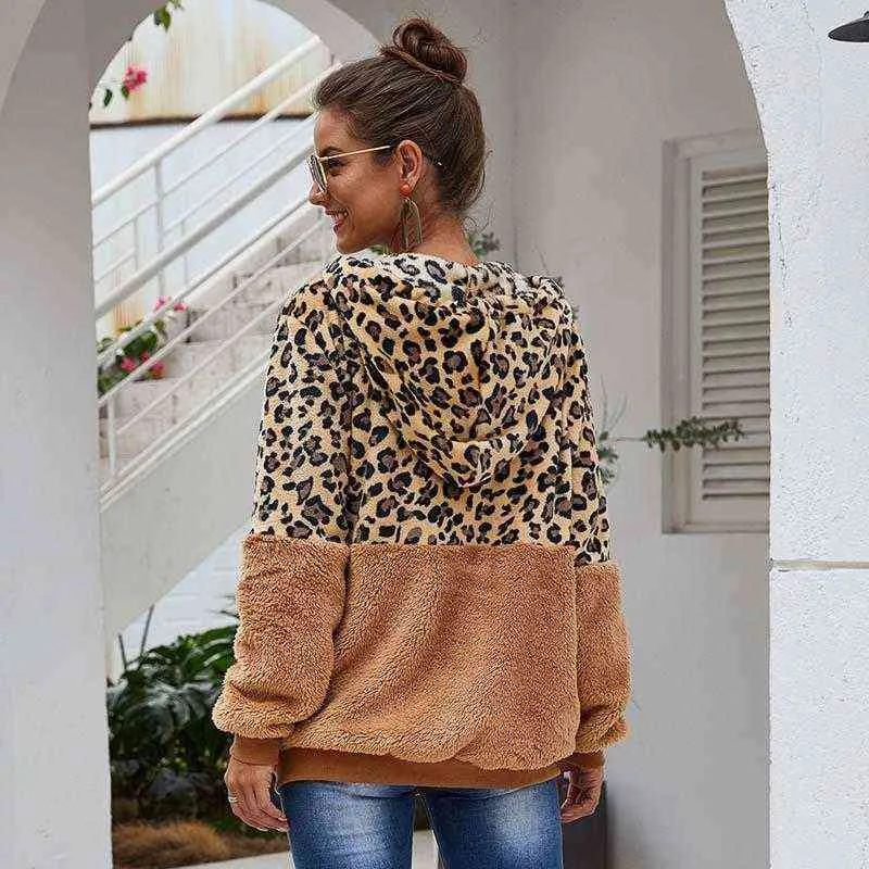 Höst Faux Fur Coat Kvinnor Leopard Teddy Coat Ladies Plush Hooded Winter Coat Women Fluffy Fur Teddy Jacka Kvinna 211110