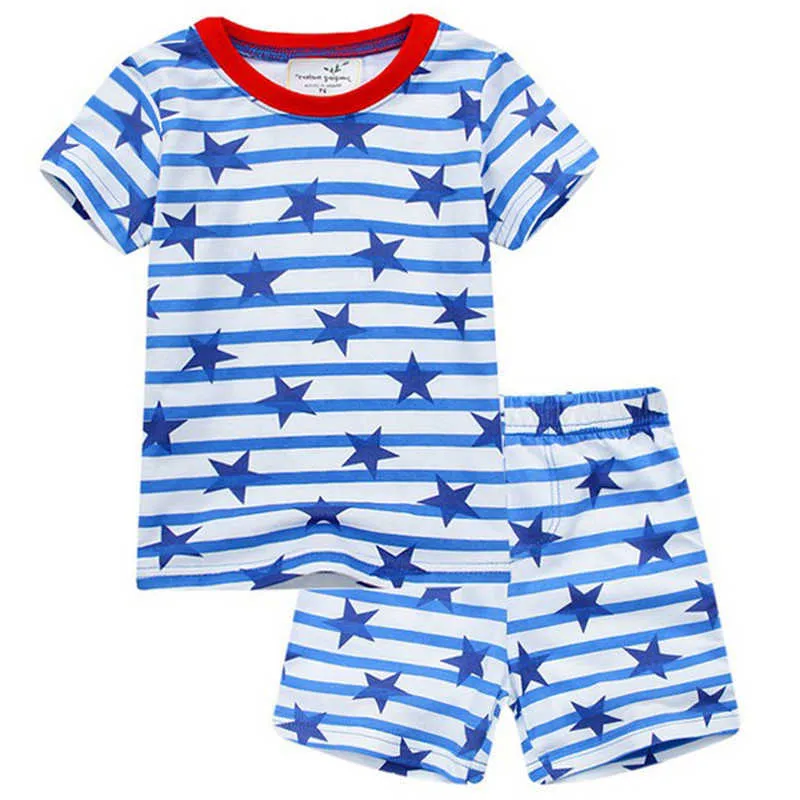 Springende meter aankomst zomer sterren print jongens meisjes katoenen kleding sets streep mode baby verkooppakken 210529