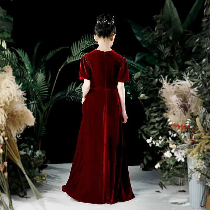 Flower Girl Long Dress Autumn Winter Wine Red Velvet Show Princess Party Piano Performance Clothes for TB001 210610