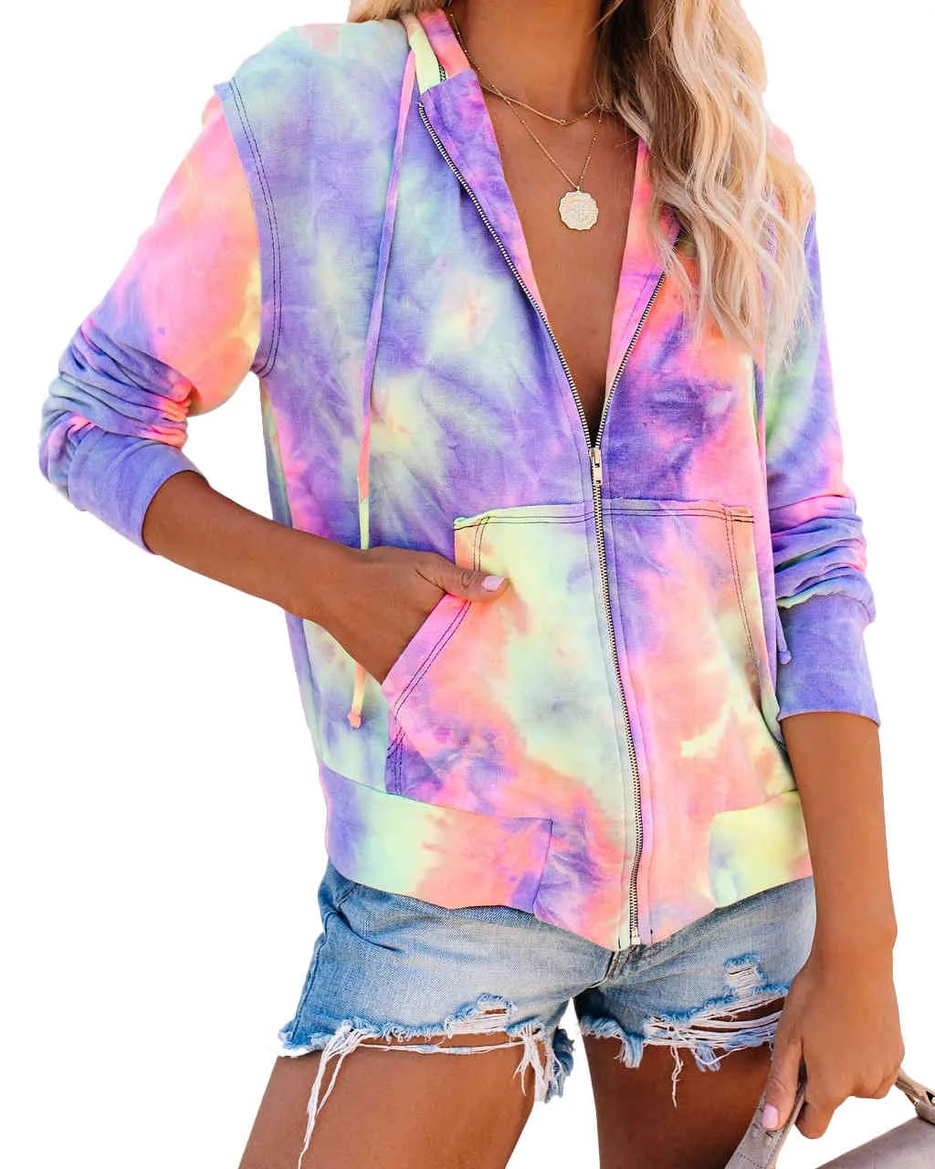 Casual Tie Dye Imprimé Hoodies Couleur Sweat Femmes Automne À Manches Longues Zipper Poches Lâche Pull Tops 210522