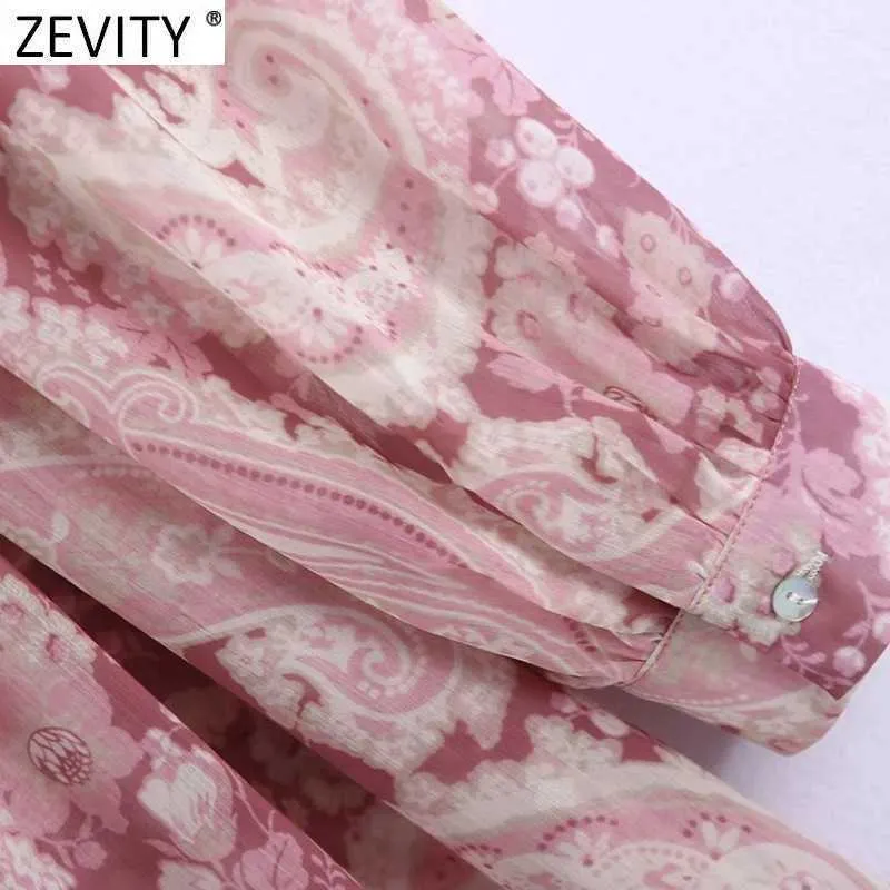 Zevity Women Vintage Cashew Nut Print Side Split Chiffon Shirt Klänning Kvinna Chic Totem Floral Sashes Business Vestido DS8273 210603