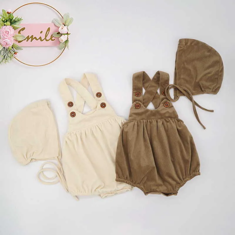 Wholesale Spring Baby Girls Bodysuits Soild Colour Cartoon Squirrel Long Sleeve Corduroy Romper born Clothes E64 210610