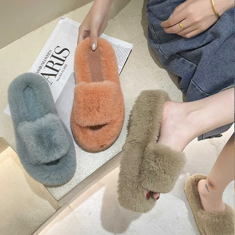 Winter Bont Vrouwen Slippers 2021 Pluche Pluizig Home Slippers Dames Gezellige Zachte Warme Bont Indoor House Schoenen Platform Flip Flops Y0804