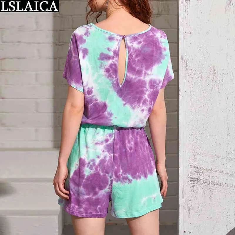 Jumpsuits voor Dames Zomer Tie Dye Korte Mouw O Hals Drawstring Broek Playsuit Plus Size Thuis Kleding Combinaison 210515