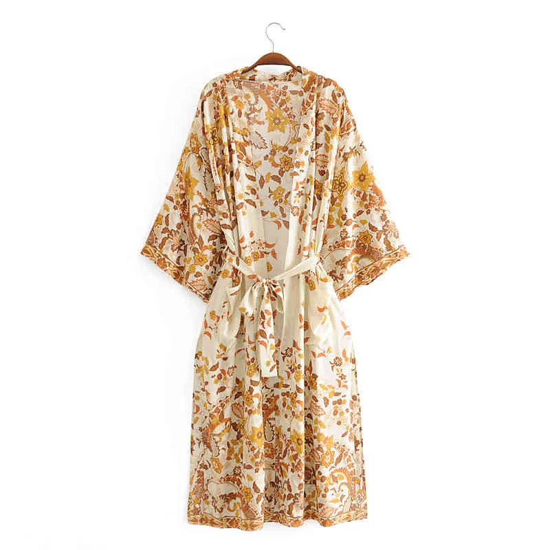 Chu Sau beauty Fashion Boho Vintage Print Long Top Donna Holiday Loose Ladies Kimono Beach Sashes Cardigan Donna 210508