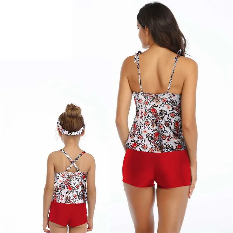 Costume da bagno estivo coordinato la famiglia Set da 2 pezzi Top floreale con fionda + costume da bagno tinta unita Abbigliamento madre figlia E 210610