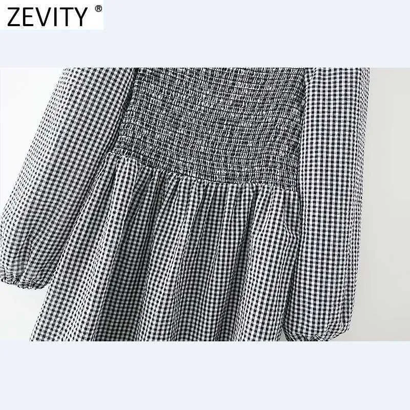 Zevity Womenビンテージスクエアカラーチェック柄プリントスリム弾性ミニドレス女性3四半期スリーブフリルVestido DS4994 210603