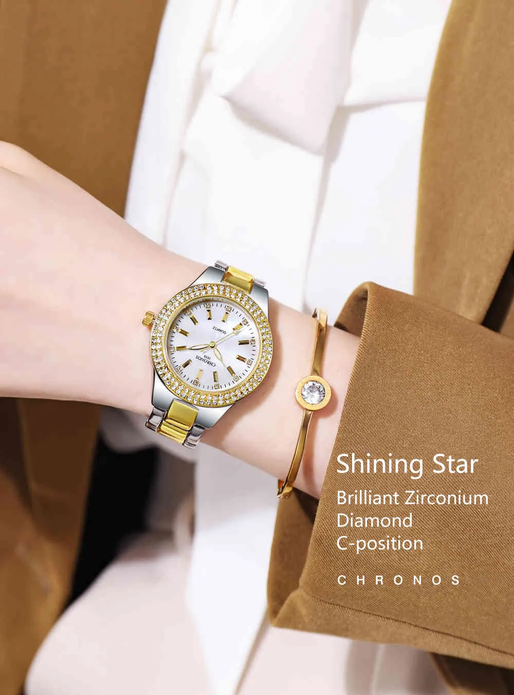 CHRONOS elegante orologio da donna da donna di marca di lusso con strass Hardlex quadrante in acciaio inossidabile con chiusura pieghevole orologio da polso alla moda