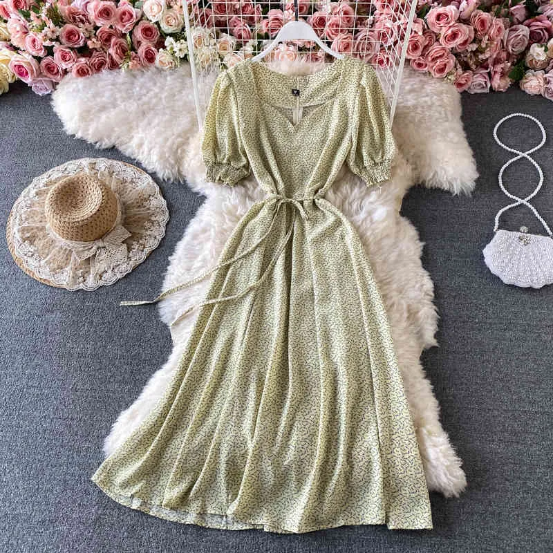 Summer beach boho dress women Sweet elegant retro V neck puff Sleeve Pleated Waist Slim Chiffon midi Dress vestidos 210420