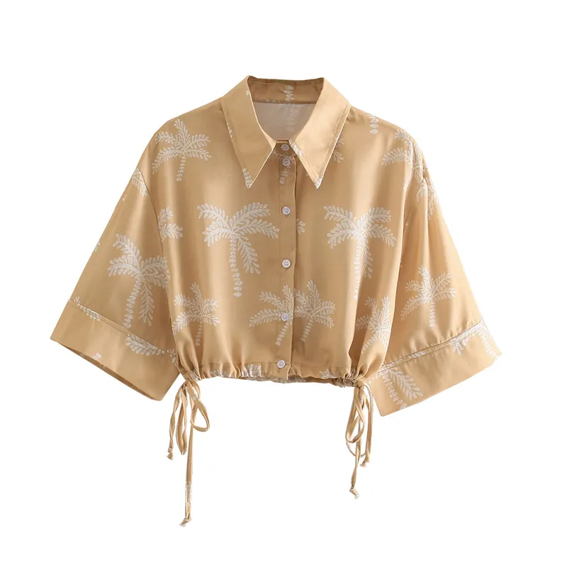 Moda ze sznurkami Luźne uprawy Przytulne Bluzki Kobiety Vintage Half Sleeve Button-Up Koszulki Damskie Odzież Damska 210430