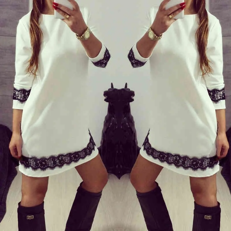 Kayotuas Women Dress Fashion Casual White Lace Ladies Party Manica lunga Girocollo Allentato Mini Short Streetwear 210522