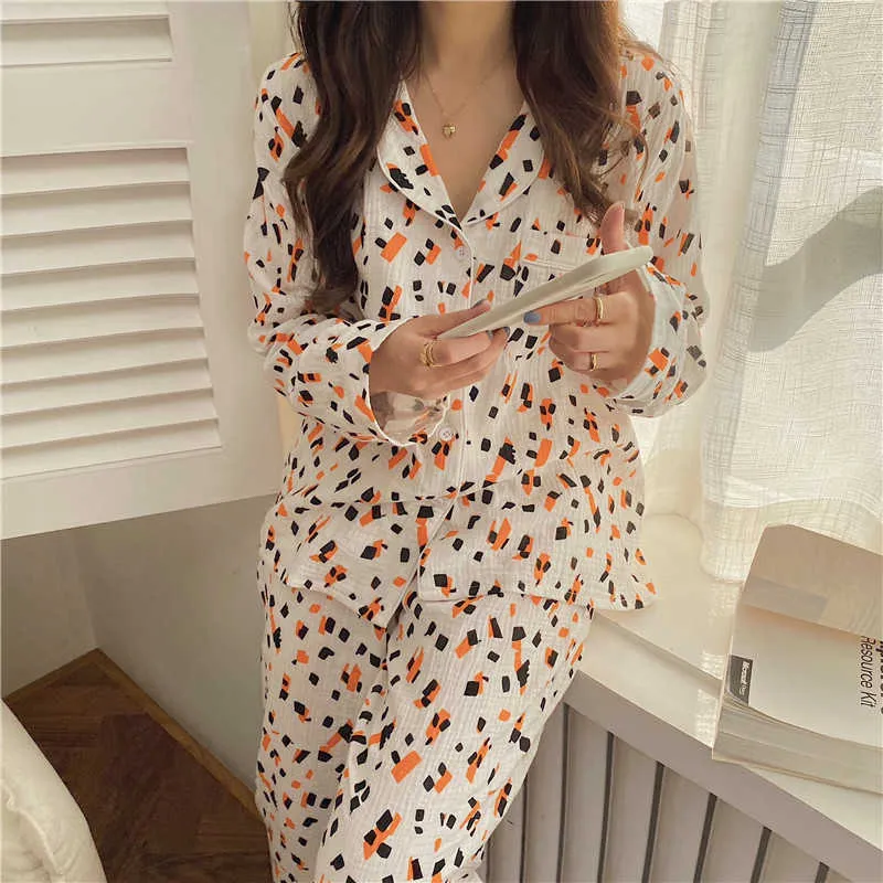 Mujeres Algodón Pijamas Impresión Trajes de dos piezas Elegante Ropa de dormir suave Mujer Femme Home Chic Conjuntos sueltos 210525