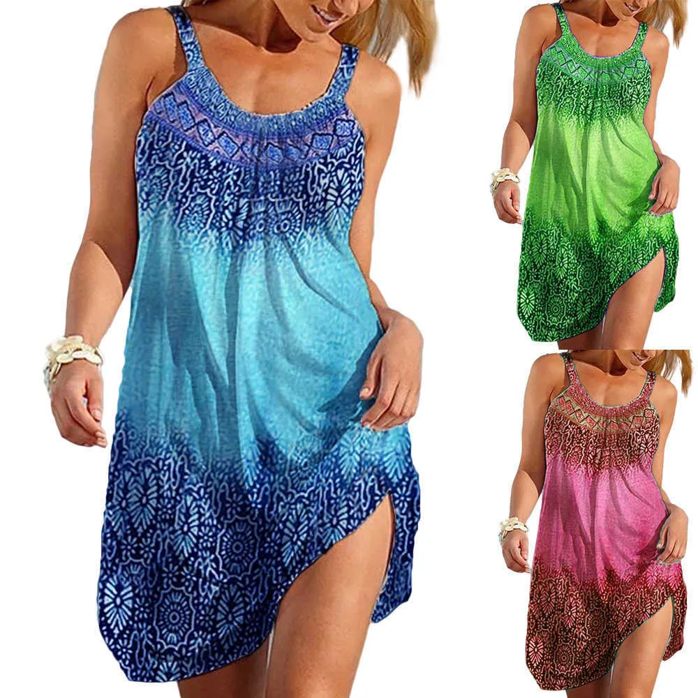 3XL robes d'été femmes 2021 plage Style décontracté grande taille robe dames imprimer Sexy sangle robe courte Y0603