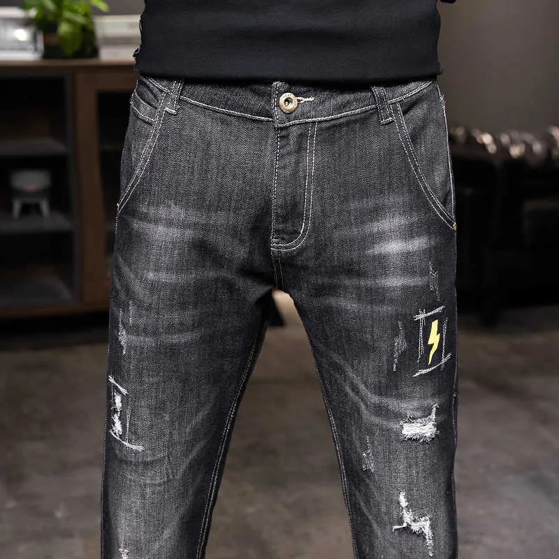 Biker Jeans Men Dark Blue Stretch Slim Fit Distressed Streetwear Printed Pattern Denim Pants Casual Man Trousers Hip Hop Jeans X0621