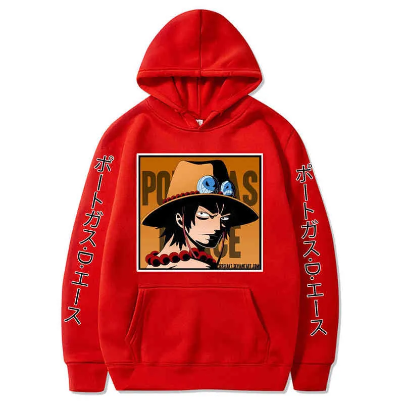 Japonais Anime One Piece Sweat à capuche Hommes Casual Imprimé Ace Sweatshirt Longues manches Pullover Harajuku Streetwear Sweat à capuche Haut H1227