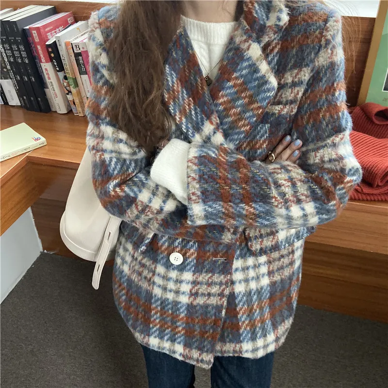 Vår Woolen Warm Chic Plaid Stilfulla Kvinnor Jackor Försäljning Lös alla Match Högkvalitativa Streetwear Coats 210525