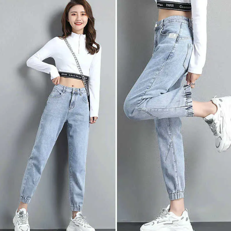 Femmes Streetwear Cheville Banded Jeans Mode Coréenne Baggy Denim Cheville-Longueur Pantalon Pantalon De Survêtement Casual Lâche Harem 210708