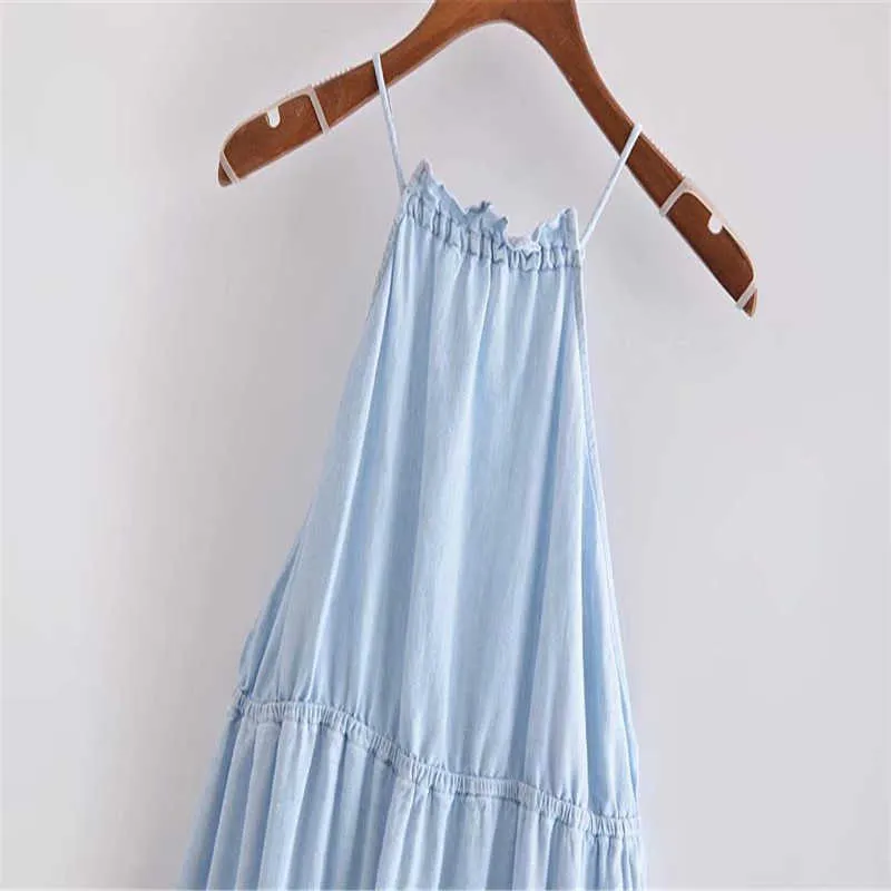 ZA Summer Ruffle Halter 드레스 여성 민소매 스파게티 스트랩 백리스 섹시한 긴 드레스 세련된 신축성있는 허리 여성 블루 드레스 210602