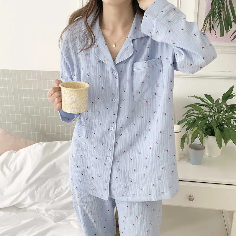 Vrouwen vintage afdrukken mode lente zachte casual hoge kwaliteit losse alle match twee stuk pyjama sets 210525