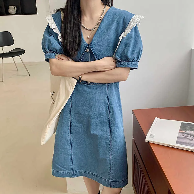 Femme Summer Lace Sweet Denim Lapel Girls Gentle Sexig Slim All Match Casual High Quality Chic Mini Dresses 210525