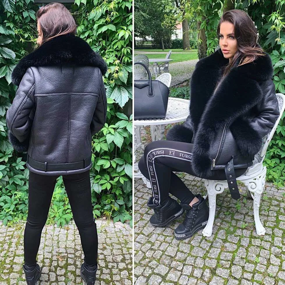 Furealux Real Fur Coats med Wholkinase Sheepskin Warm Jacka Cashmere Foder Äkta Läder Jackor Natural Fur Overwear 210925