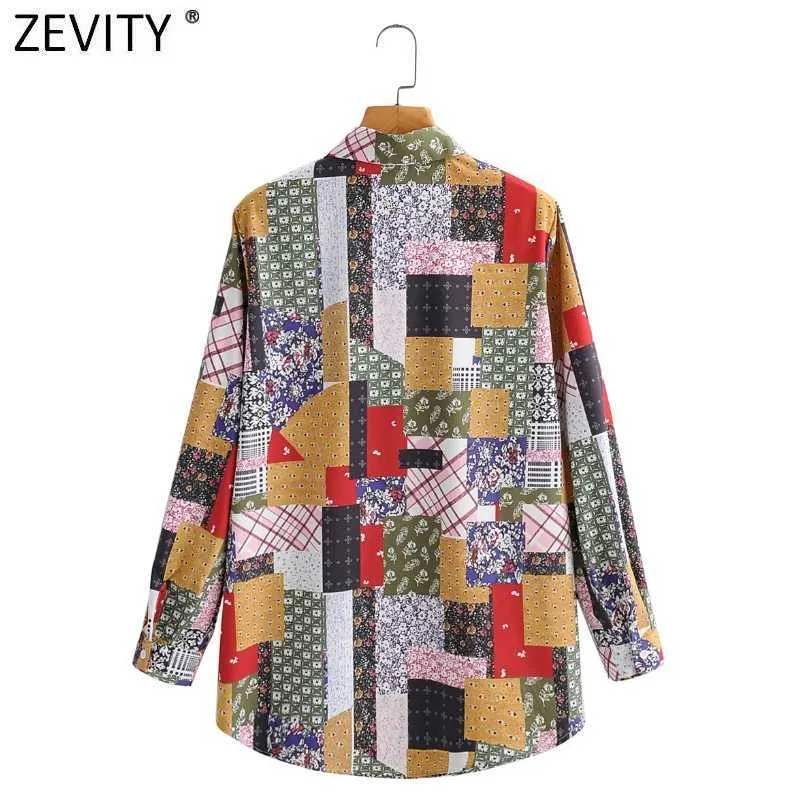 Zevidade Mulheres Vintage Pano Patchwork Imprimir Casual Slim Smock Blusa Escritório Senhoras Desativar Colares Camisa Chic Blusas Tops LS9148 210603