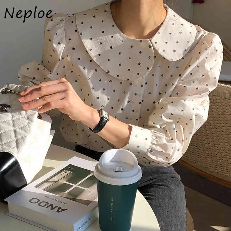 NELE PETER PEN COLLAR Sweter z długim rękawem Bluzka Kobiety Work Work Style Ol Dot Blusas Spring Luźna Koszula Feminino Wszystkie Dopasuj 210422