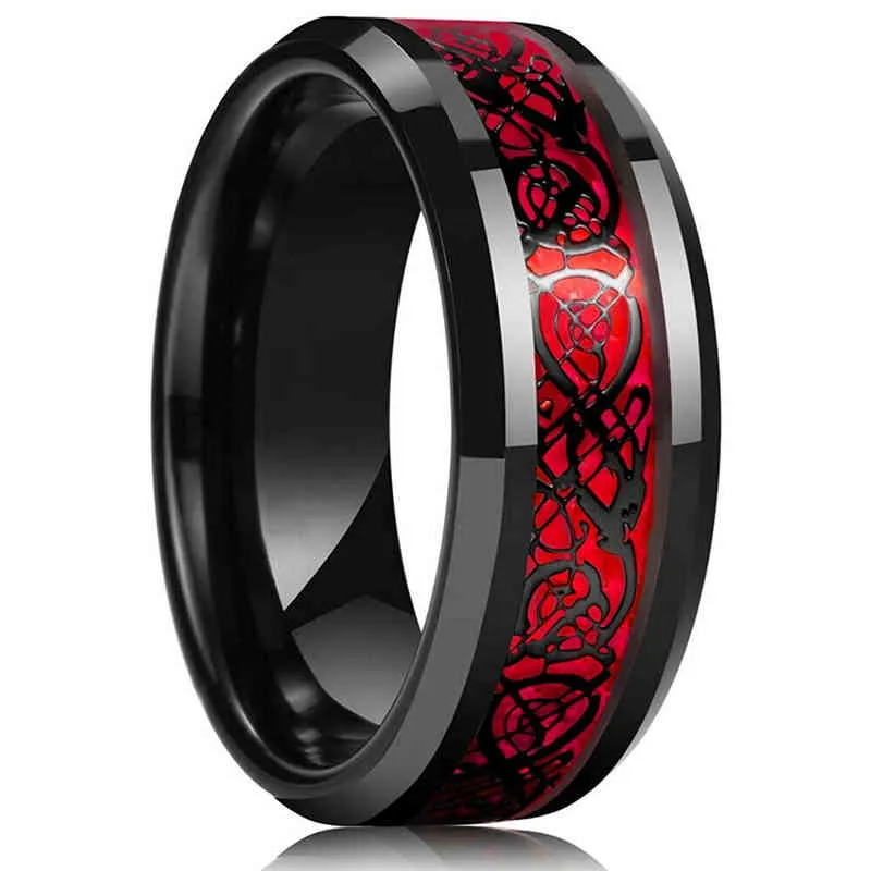 Moda 8mm Kırmızı Tungsten Düğün Band Siyah Karbür Yüzük Erkekler Kadınlar Için Retro Kelt Dragon Kakma Karbon Fiber