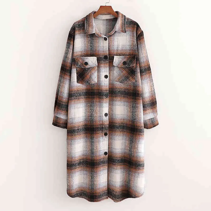 Mulheres outono inverno xadrez de lã mistura casacos solto longos bolsos plus size moda rua feminino casual outerwear roupas 210513