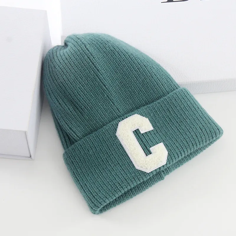 Wool Caps Female Autumn and Winter Warm Printed Letter Pullover Hat Learning Department Solid Color Knitted Hat