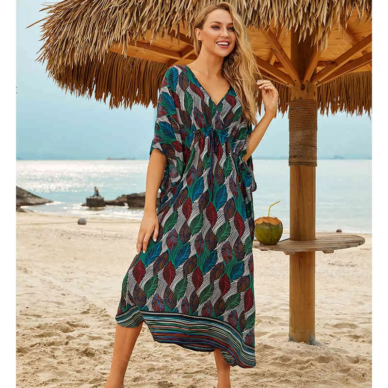 Beach Cover up Tunics for Print Chiffon Long Kaftan Bikini Robe de Plage Sarong Wrap Swimsuit cover Q1127 210420