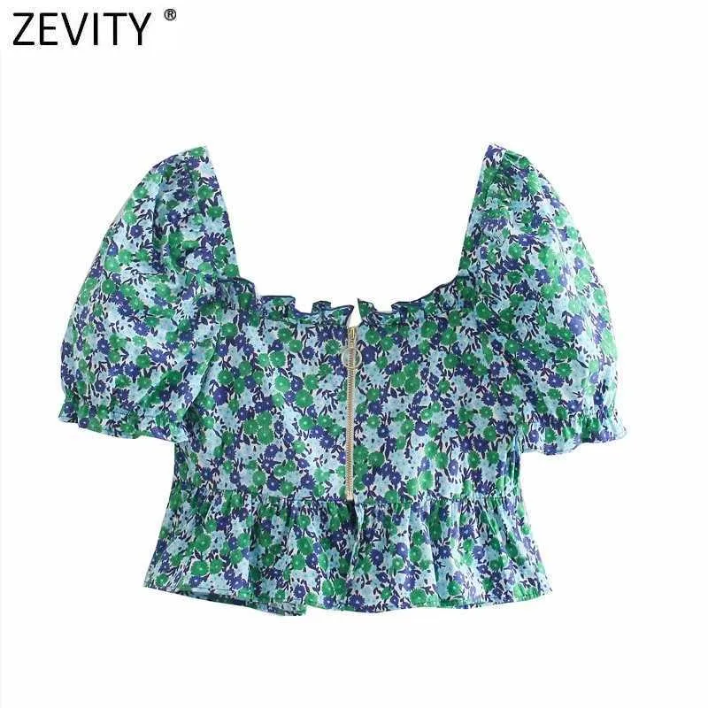 ZEVITY Donna Dolce Piega con Volant Stampa Floreale Sottile Grembiule Corto Camicetta Donna Manica a Sbuffo Cerniera Posteriore Chic Blusas Top LS9050 210603