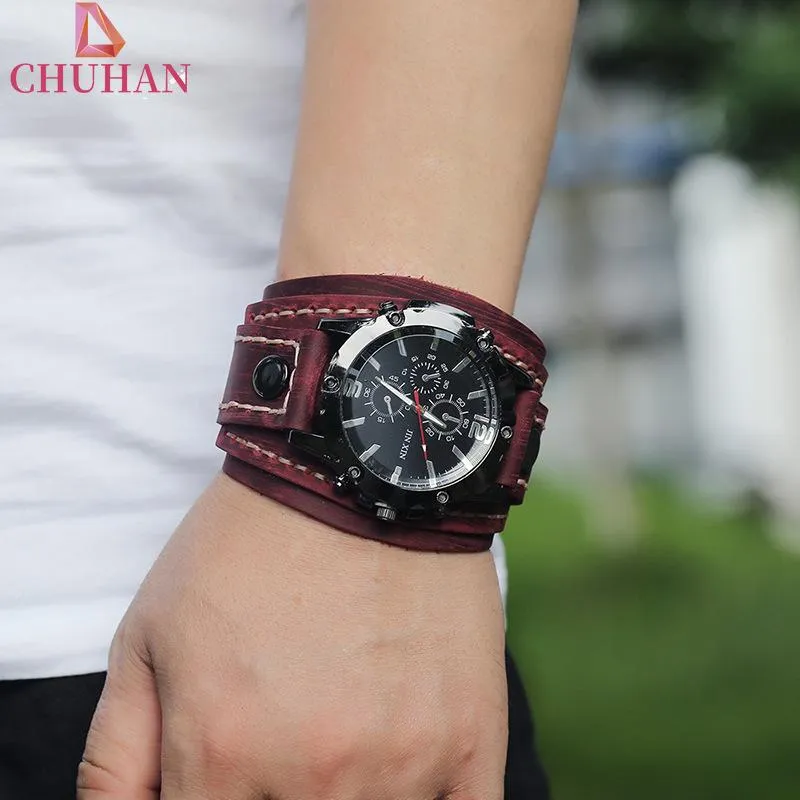 Horloges CHUHAN Mode Punk Brede Lederen Armband Horloges Zwart Bruin Armbanden Voor Mannen Vintage Polsbandje Klok Sieraden C629259Q
