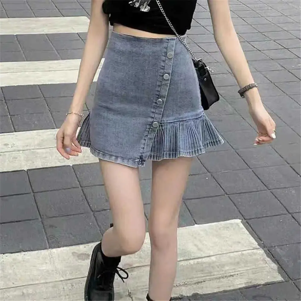 Vintage Harajuku A-Line Denim Mini Faltenrock Frauen Sommer Hohe Taille Jeans Preppy Stil Meerjungfrau Kurze Röcke Weiblich 210619