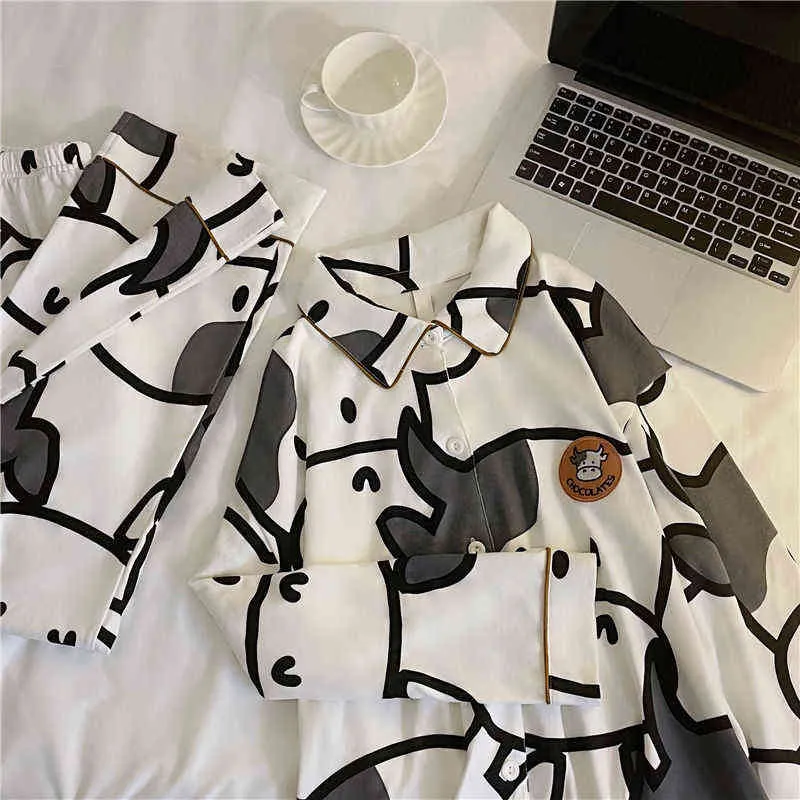 QWEEK Cow Print Piżamy Dwuczęściowe Zestaw Jesień Pijamas Kobiety Bawełna Cute Home Ubrania Piżamy Piżamy Sleepwear Japoński Styl Kawaii 211112