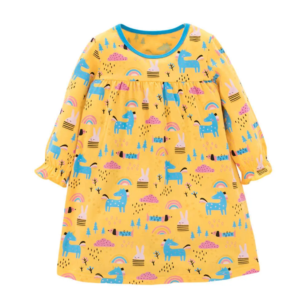 Jumping Meters Arrival Baby Girls Dresses with Animals Print Cotton Children Long Sleeve Costume Kids 210529