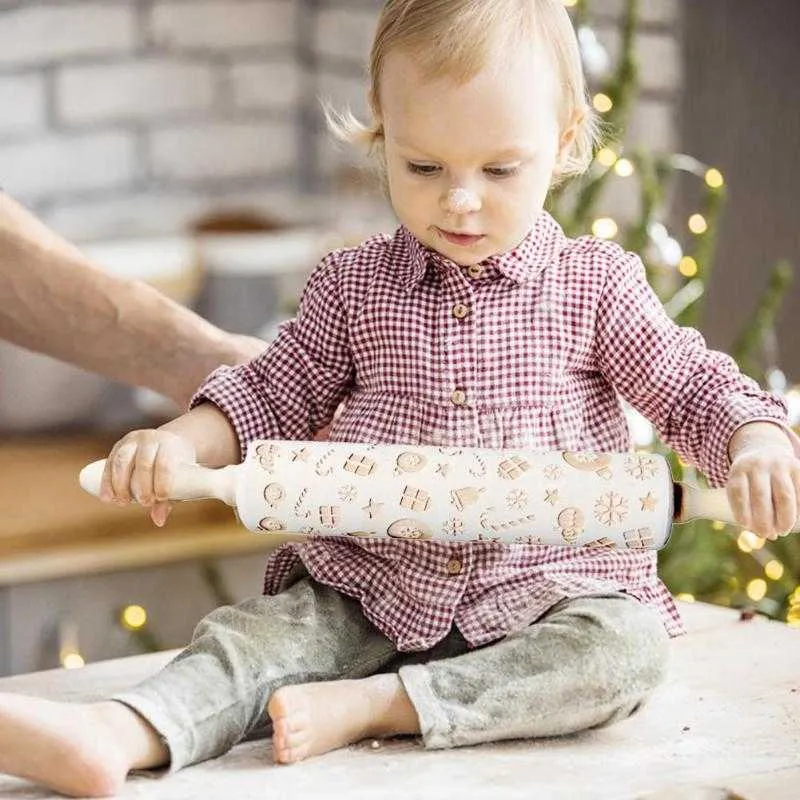 Laser Embossing Rolling Pin 35 CM Kerstmis Sneeuwvlok Elanden Gift Patronen Dough Gegraveerde Roller DIY Keuken Bakvormen 211008