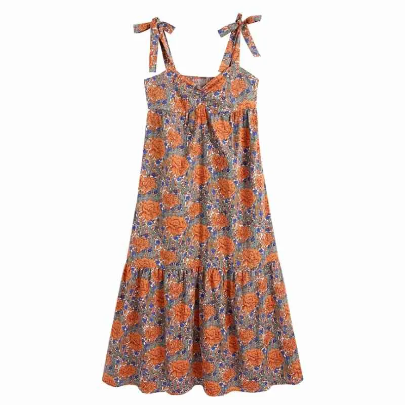 Summer Women Flower Printing Bow Suspender Midi Dress Female Sleeveless Clothes Casual Lady Loose Vestido D7621 210430
