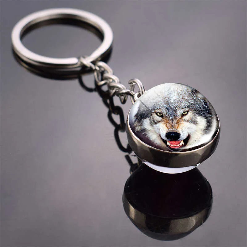 Animal porte-clés tigre loup renard Lion Double face boule de verre porte-clés chat noir cheval et lune porte-clés pendentif porte-clés G1019