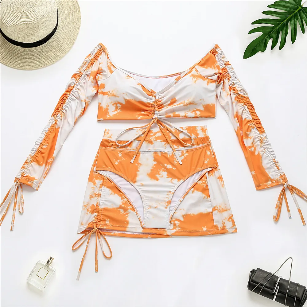 Tie-Dye Print Bikini Bademode Frauen Langarm Badeanzug Weibliche Drei Stücke Set Badeanzüge Sommer Strand Tragen 210521