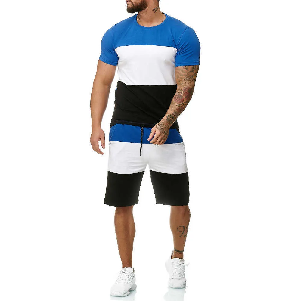 Vêtements pour hommes été Patchwork survêtement à manches courtes 2 pièces vêtements d'entraînement de sport hommes Shorts ensemble t-shirt et ensemble de shorts 210806